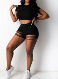 Summer Black Tight Sexy Crop Top and Ripped Shorts Matching 2PC Set