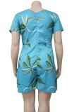Plus Size Summer Print Blue V-Neck Knotted Casual Rompers