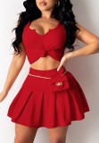 Summer Red Tank Crop Top and High Waist Pleated Skirt Matching Set