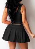 Summer Black Tank Crop Top and High Waist Pleated Skirt Matching Set