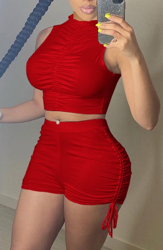 Summer Red Sexy Ruched Crop Top and Shorts Matching Set