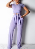 Summer Casual Purple Ribbed Knot Crop Top and Pants Matching Set