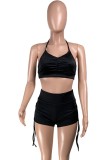 Summer Sports Solid Halter Bra and Strings Shorts Matching Set