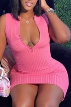 Summer Zip Up Sleeveless Ribbed Pink Mini Bodycon Dress