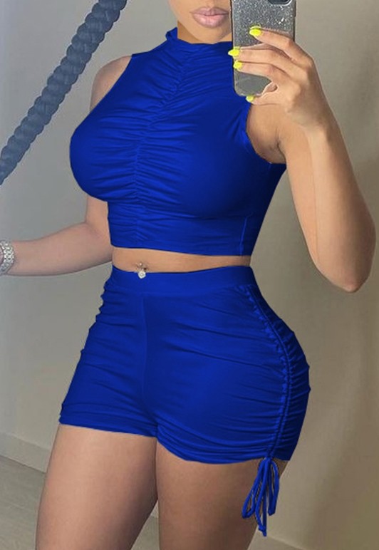 Summer Blue Sexy Ruched Crop Top and Shorts Matching Set
