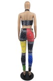 Summer Colorful Retro Halter Crop Top and Pants Matching Sexy 2PC Set