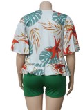 Plus Size Summer Print Green Short Sleeve Blouse and Shorts Matching Set
