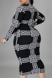 Plus Size White and Black Print Long Sleeve Midi Dress