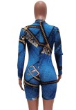 Spring Print Blue Sexy Long Sleeve Zip Up Bodycon Rompers
