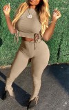 Summer Solid Color Strings Ribbed Crop Top and Stacked Pants Two Piece Matching Set