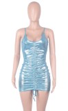 Summer Metallic Blue Sexy Ruched Strings Strap Mini Dress