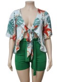 Plus Size Summer Print Green Short Sleeve Blouse and Shorts Matching Set
