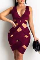 Summer Red Hollow Out Sleeveless Party Sexy Bodycon Dress
