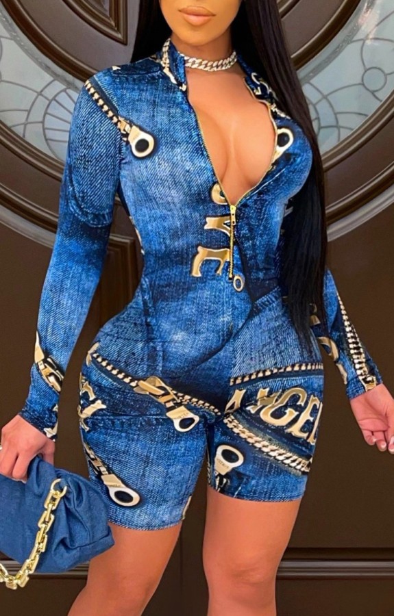 Spring Print Blue Sexy Long Sleeve Zip Up Bodycon Rompers