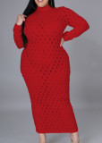 Plus Size Red Hollow Out Sexy Long Sleeve Midi Dress