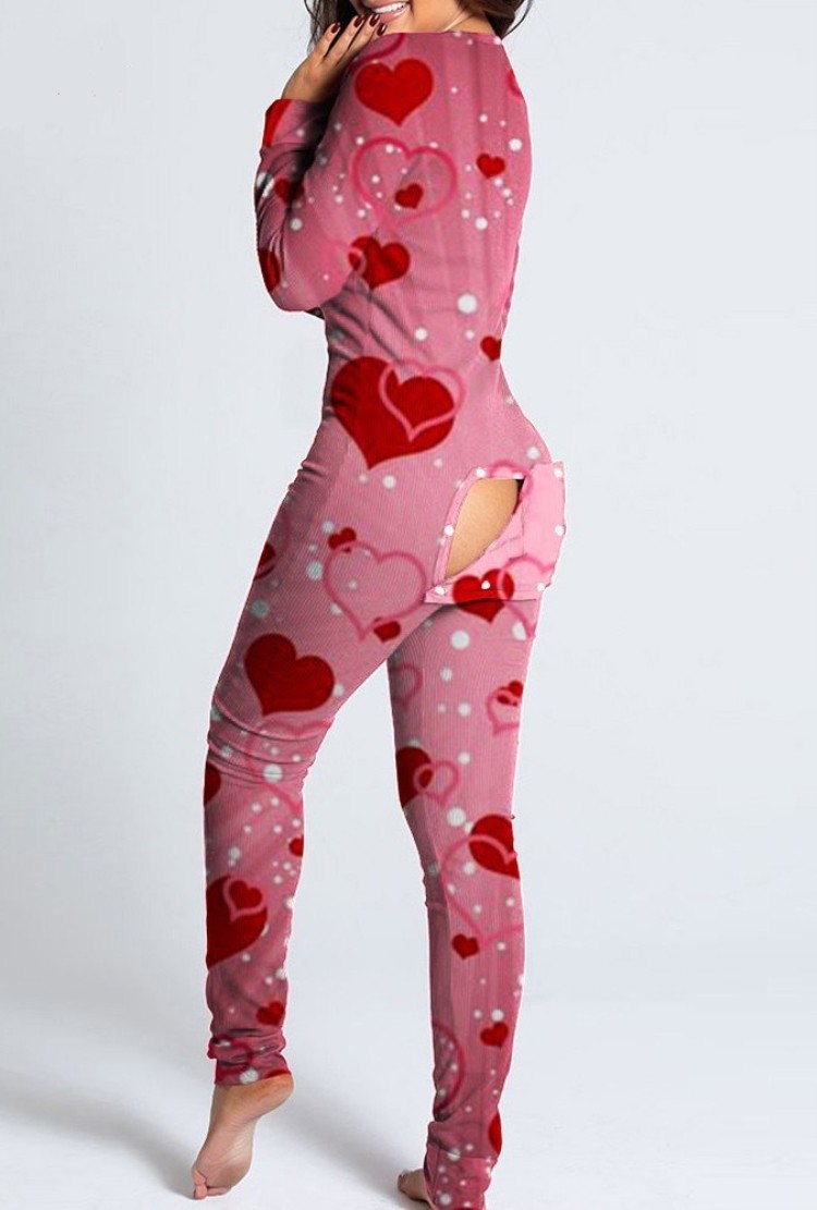Wholesale Heart Print Pink Long Sleeve Sexy Lounge Jumpsuit with Patch ...