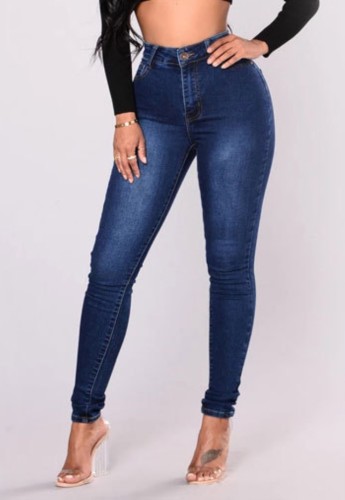 Zomer donkerblauwe denim jeans met hoge taille