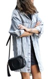 Spring Light Blue Ripped Long Denim Jacket with Full Sleeves
