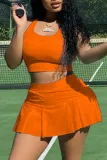 Summer Sports Orange Tank Crop Top and Pleated Skirt 2PC Matching Set