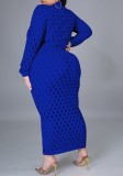 Plus Size Blue Hollow Out Sexy Long Sleeve Midi Dress