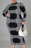 Plus Size White and Black Print Long Sleeve Midi Dress