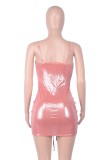Summer Metallic Pink Sexy Ruched Strings Strap Mini Dress