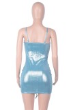 Summer Metallic Blue Sexy Ruched Strings Strap Mini Dress