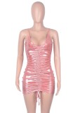 Summer Metallic Pink Sexy Ruched Strings Strap Mini Dress