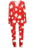 Floral Print Red Long Sleeve Sexy Lounge Jumpsuit with Patch Butts