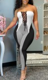 Summer Party Sexy Strapless Contrast Lace-Up Bodycon Jumpsuit