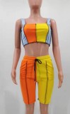 Summer Casual Contrast Color Wide Strap Crop Top and Shorts Two Piece Matching Set