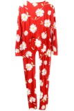 Floral Print Red Long Sleeve Sexy Lounge Jumpsuit with Patch Butts