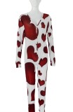 Heart Print White Long Sleeve Sexy Lounge Jumpsuit with Patch Butts