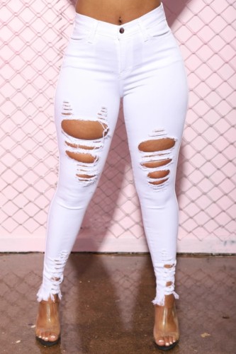 Summer White Denim Jeans mit hoher Taille und gerippter Passform