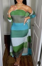 Spring Contrast Color Ribbed Strapless Midi Dress with Matching Cardigans