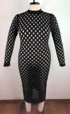 Plus Size Black Hollow Out Sexy Long Sleeve Midi Dress