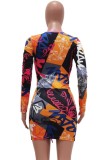 Spring Lace-Up Print Colorful Sexy Long Sleeve Mini Bodycon Dress