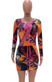 Spring Lace-Up Print Colorful Sexy Long Sleeve Mini Bodycon Dress