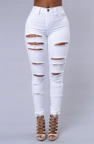 Zomer witte denim hoge taille gescheurde fit jeans