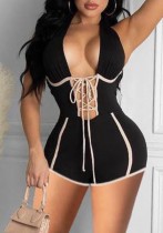Summer Sexy Black Lace-Up Sleeveless Bodycon Rompers