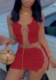 Summer Red Lace-Up Crop Top and Mini Skirt 2 Piece Matching Set