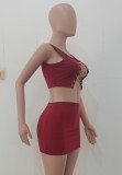 Summer Red Lace-Up Crop Top and Mini Skirt 2 Piece Matching Set
