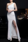 Summer Occassional Sequins White Side Slit One Shoulder Long Evening Dress