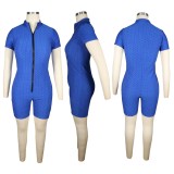 Summer Blue Front Zip Up Waffle Sexy Bodycon Rompers
