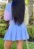 Casual Stripes Blue Long Sleeve Blouse and Pleated Mini Skirt Matching 2PC Set
