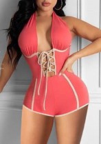 Summer Sexy Pink Lace-Up Sleeveless Bodycon Rompers