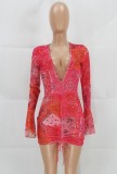 Party Print Pink Sexy Deep-V Ruched Strings Mini Dress