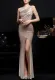 Summer Occassional Sequins Goden Side Slit One Shoulder Long Evening Dress