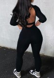 Sports Black Cut Out Back Long Sleeve Bodycon Jumpsuit