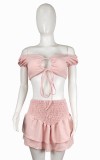 Summer Pink Sexy Keyhole Crop Top and High Waist Ruffles Mini Skirt Matching Set